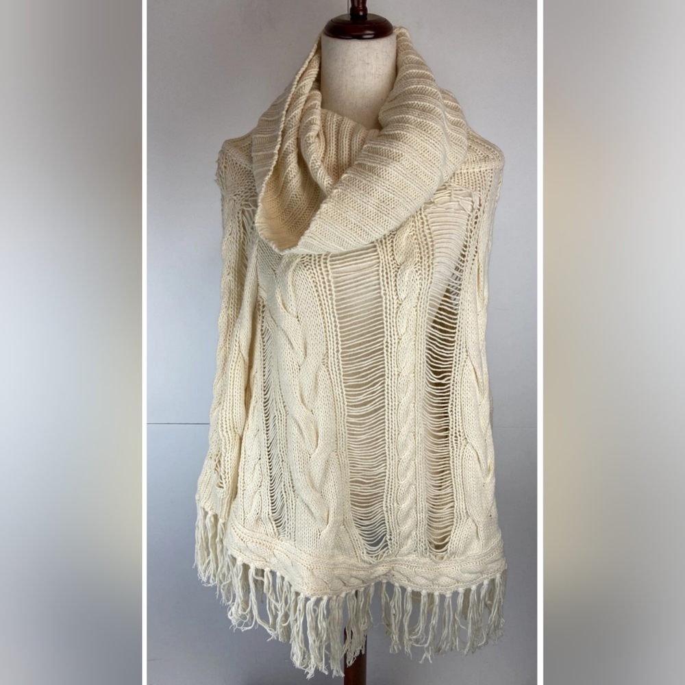 HAUTE HIPPIE Cowl Neck Cable Knit Poncho Shawl OS